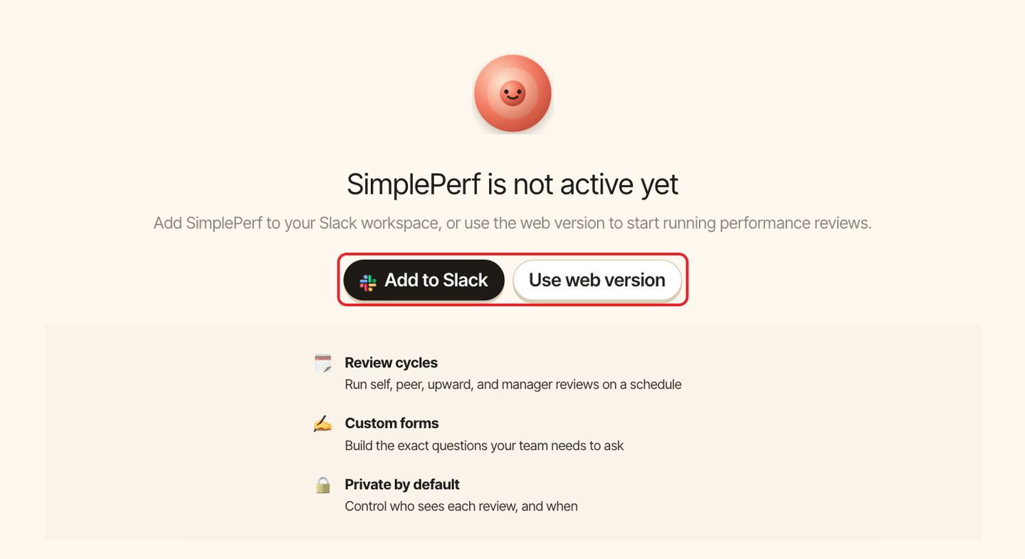 SimplePerf start page with the Add to Slack and Use web version buttons highlighted