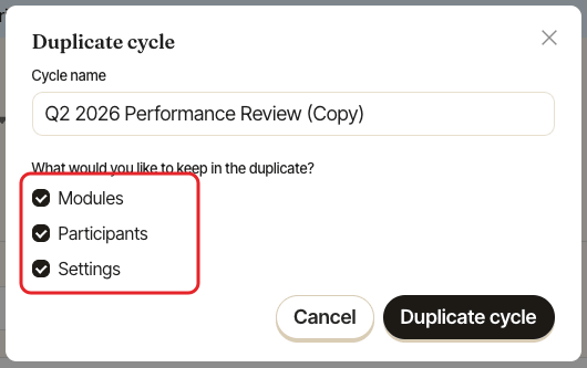 The Duplicate cycle window, with the Modules, Participants and Settings checkboxes highlighted