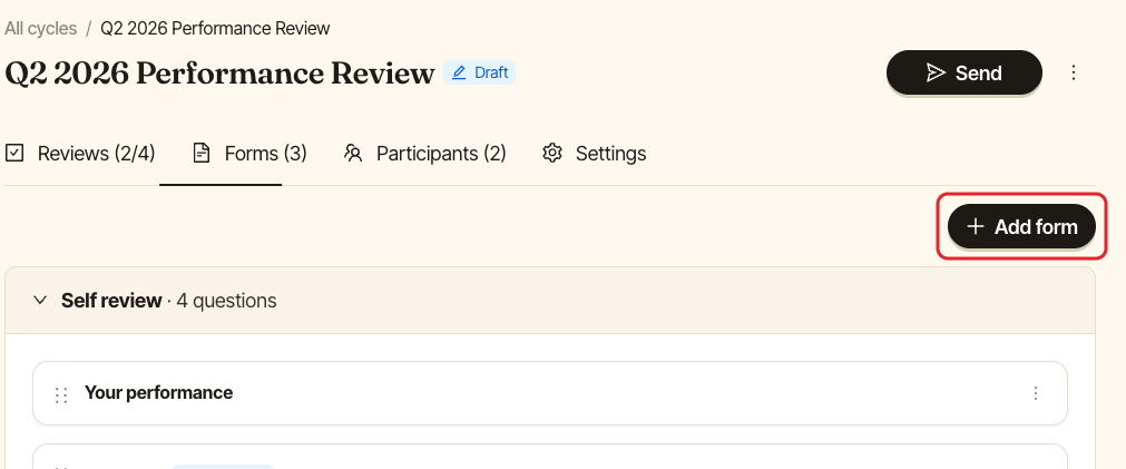 The Forms tab of a draft SimplePerf cycle, with the Add form button highlighted