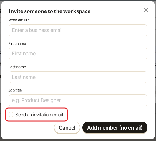 The Invite someone to the workspace window, with the Send an invitation email checkbox highlighted