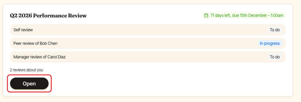 SimplePerf's personal home, with the Open button of a cycle card highlighted