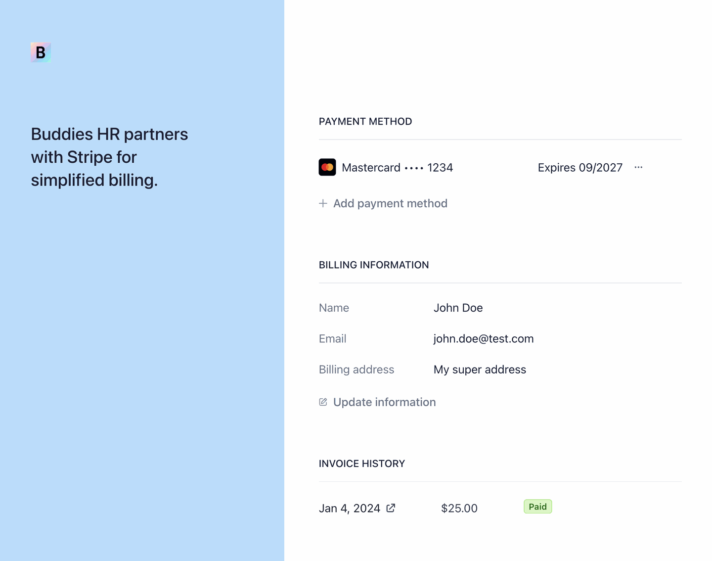 The Stripe customer portal with invoices and billing details