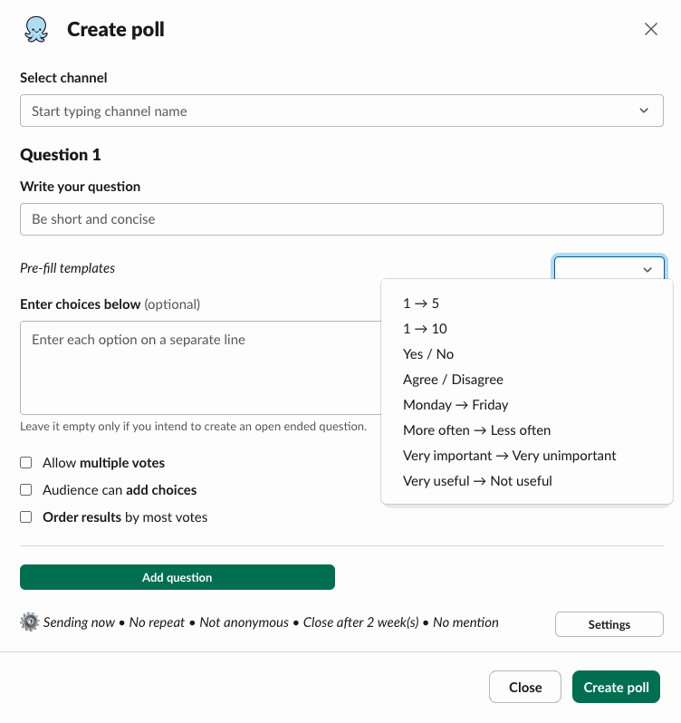 Pulsy's Create poll form with the channel, the question, the choices and the pre-fill templates
