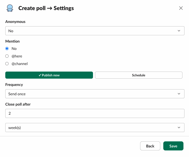 Pulsy's poll settings: anonymity, mention, publish now or schedule, frequency and when to close the poll