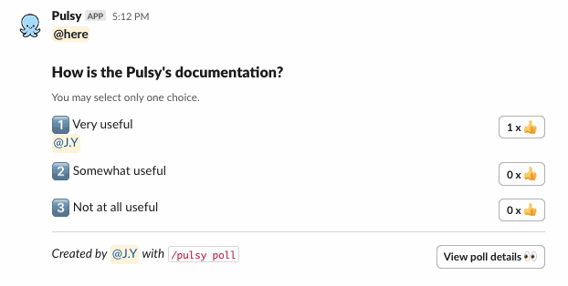 A Pulsy poll posted in a Slack channel