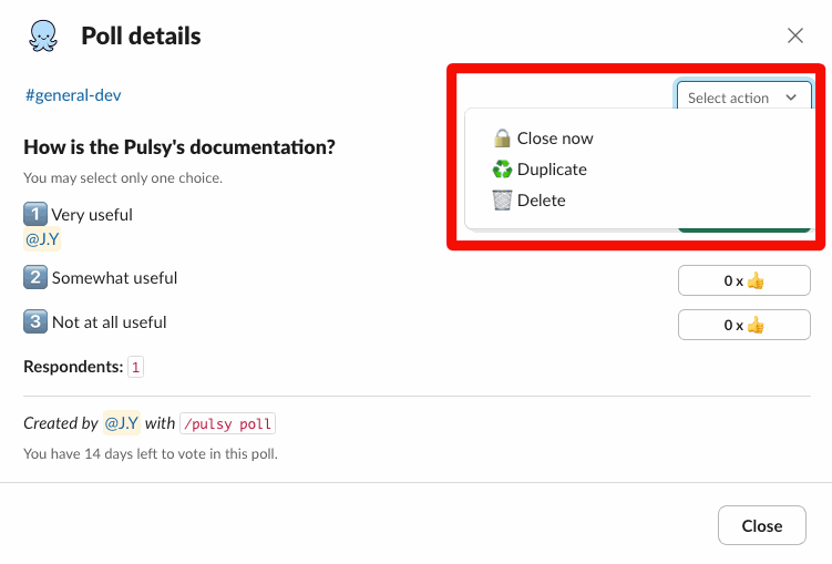 Pulsy's Poll details window with the Select action menu open