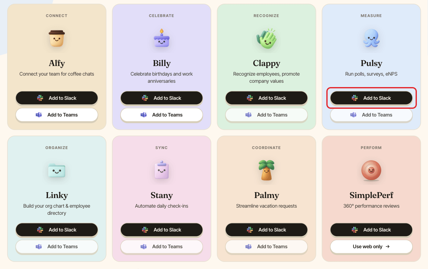 The BuddiesHR Get started page, with Pulsy's Add to Slack button highlighted
