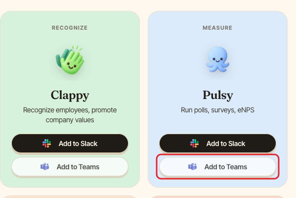 The BuddiesHR Get started page, with Pulsy's Add to Teams button highlighted