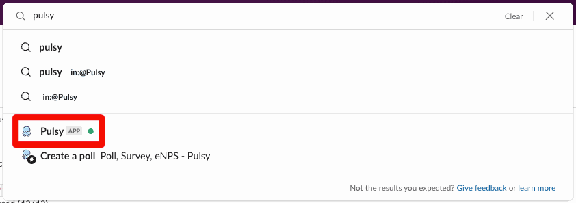 Slack search results with the Pulsy app entry