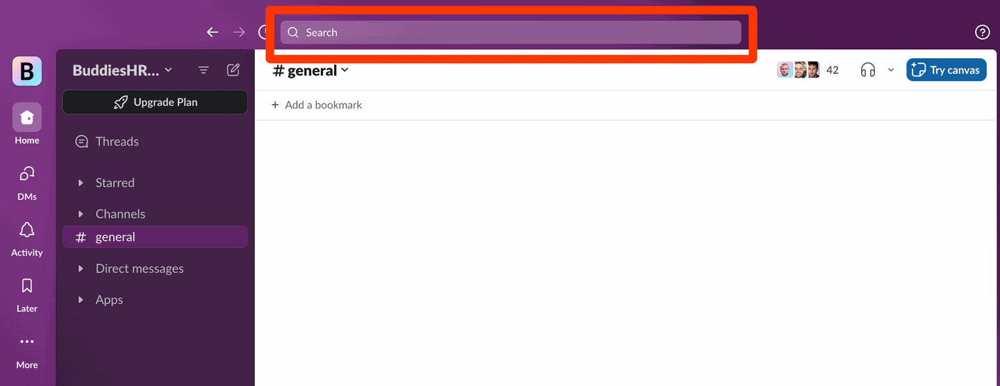 Slack's search bar with "Pulsy" typed in