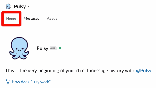 Pulsy's app page in Slack with the Home tab at the top left