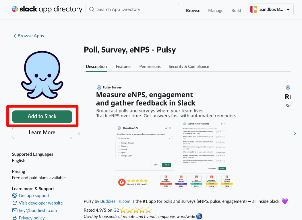 Pulsy's listing in the Slack App Directory