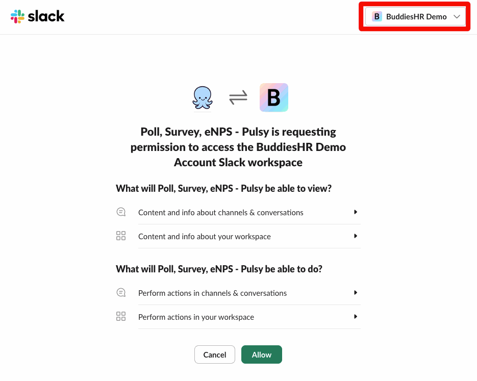 Slack's permission page, with the workspace selector highlighted