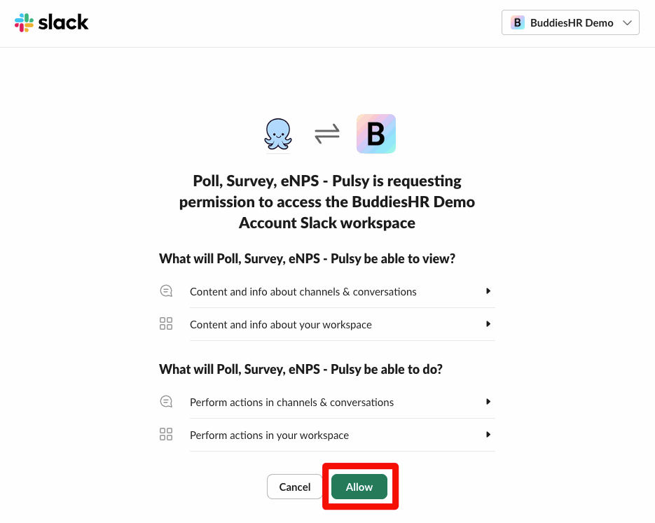 Slack's permission page for Pulsy, with the Allow button