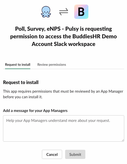 Slack's "Request to install" form for Pulsy
