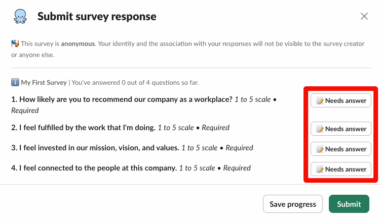 Pulsy's Submit survey response window with a Needs answer button next to each question