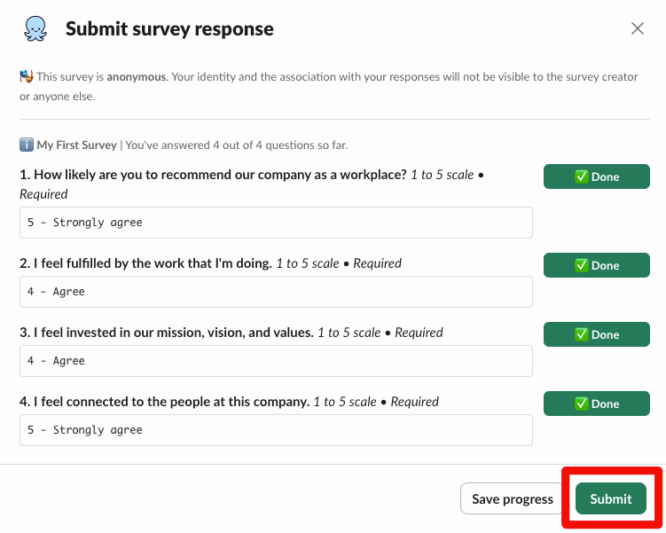 Pulsy's Submit survey response window with all questions answered and the Submit button