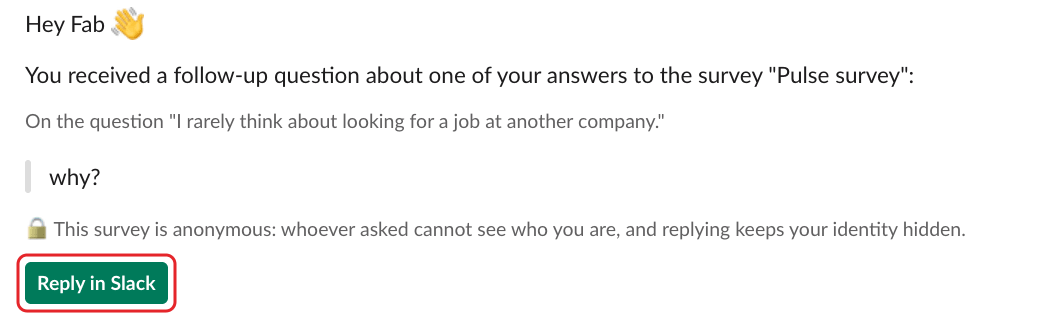 A follow-up question from Pulsy in Slack, with the Reply in Slack button highlighted