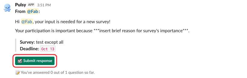 A survey invitation from Pulsy in Slack, with the Submit response button highlighted