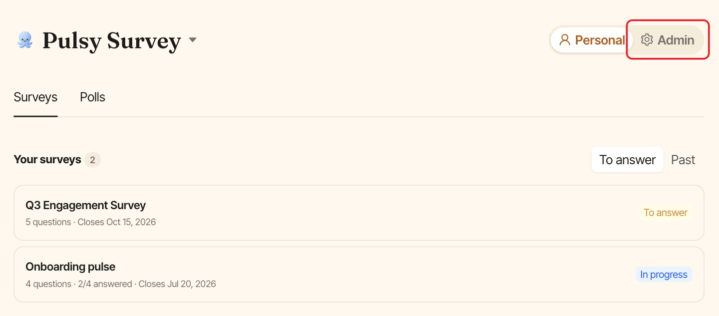 The Pulsy dashboard in Personal mode, with the Admin option of the toggle highlighted