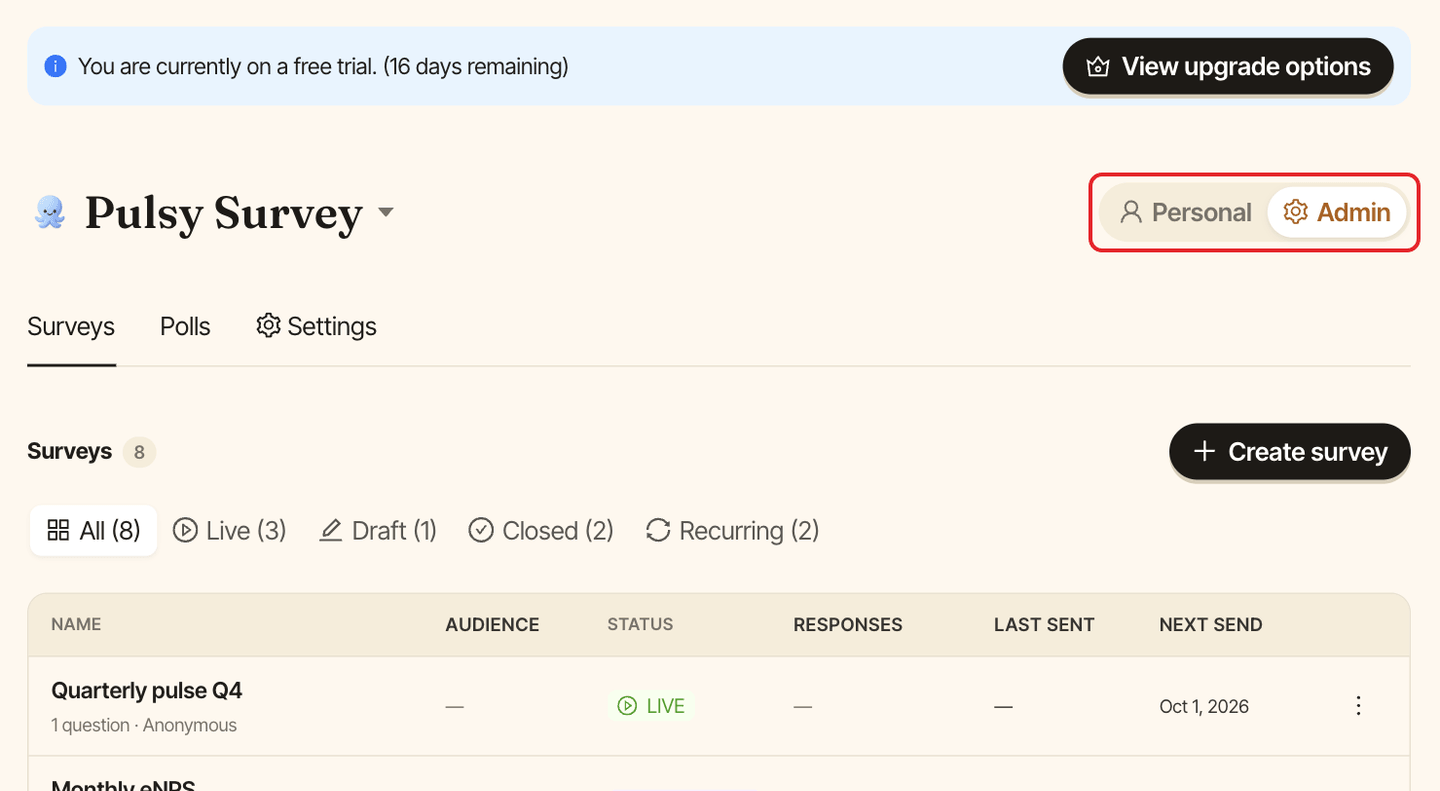 The Pulsy dashboard, with the Personal and Admin toggle highlighted
