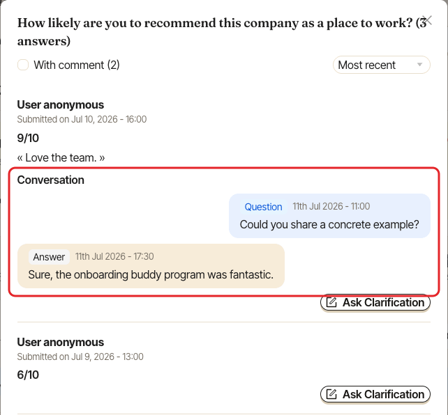 The answers window of a Pulsy survey, with a follow-up conversation highlighted