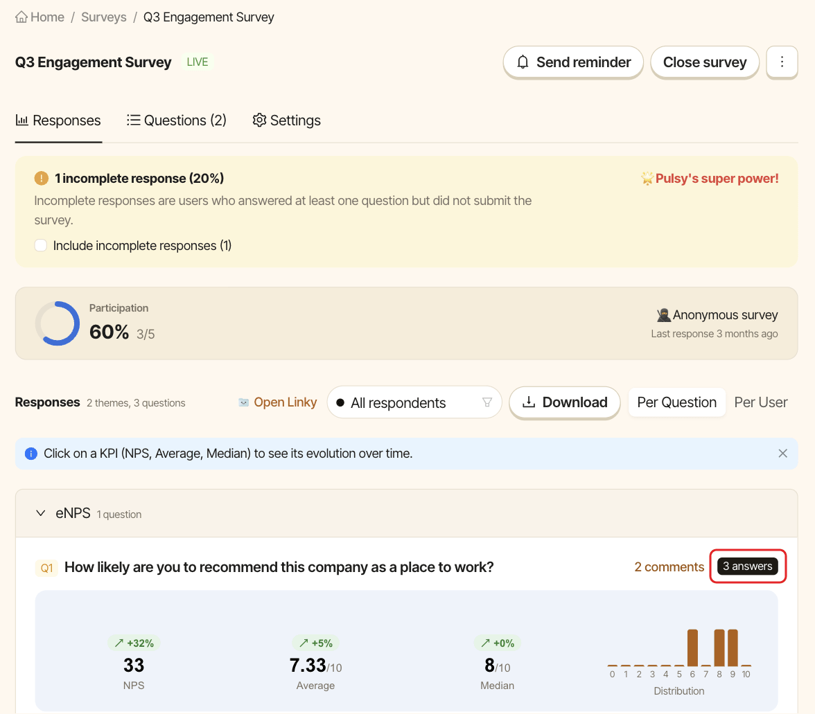 A question in the Responses tab, with its answers link highlighted