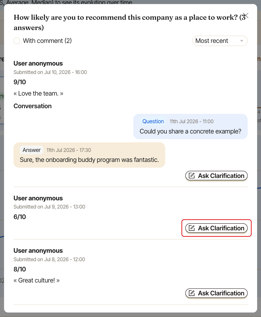The answers window of a survey question, with the Ask Clarification button under an answer highlighted