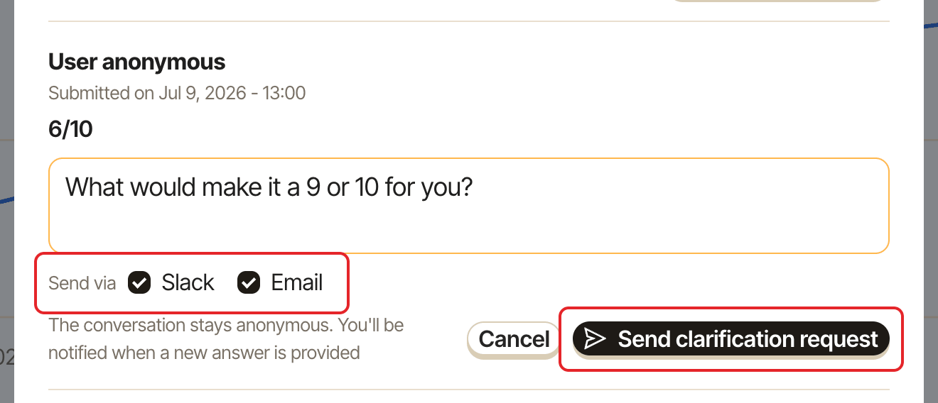 The clarification composer under an answer, with the Send via checkboxes and the Send clarification request button highlighted