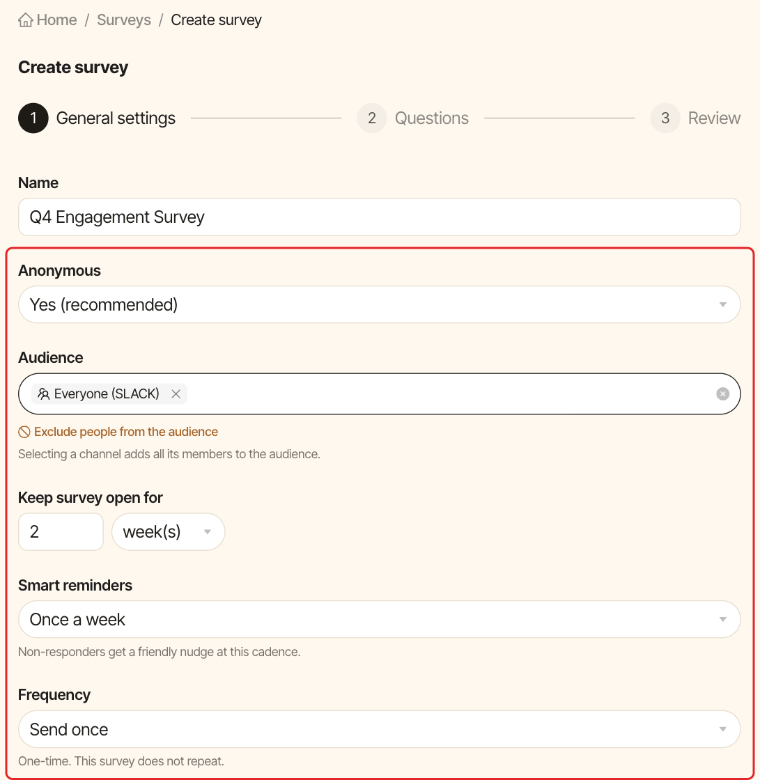 The General settings step of the Create survey wizard, with the settings from Anonymous to Frequency highlighted