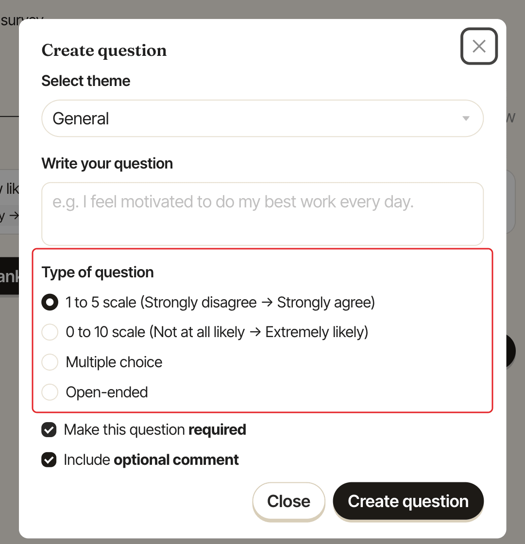 The Create question window, with the Type of question options highlighted