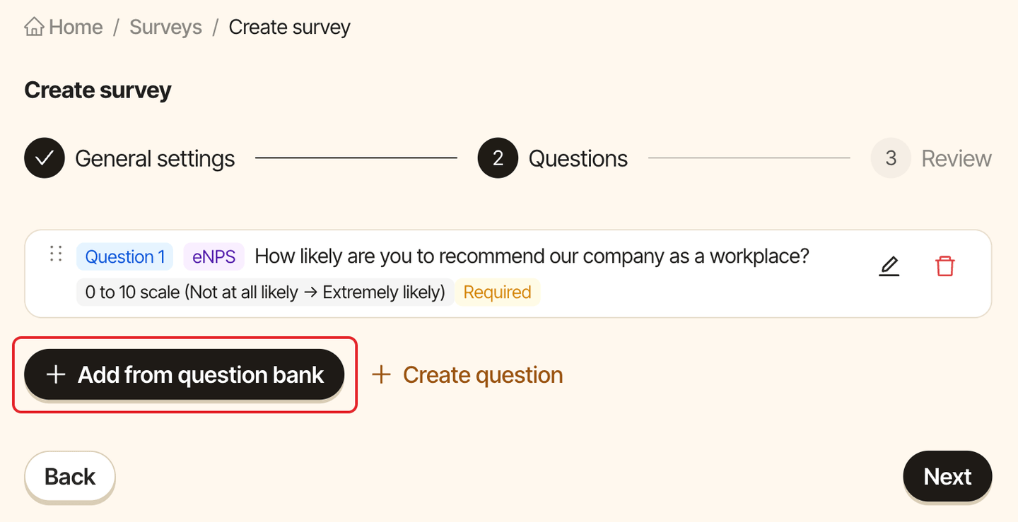 The Questions step of the Create survey wizard, with the Add from question bank button highlighted