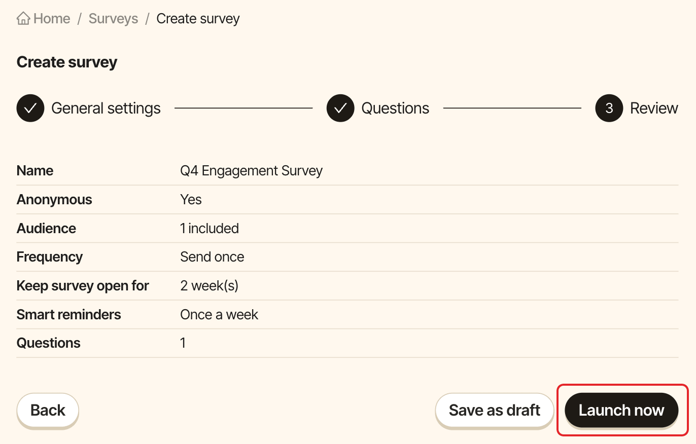 The Review step of the Create survey wizard, with the Launch now button highlighted