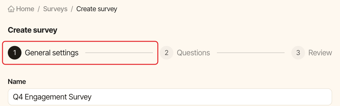 The Create survey wizard, with the General settings step highlighted