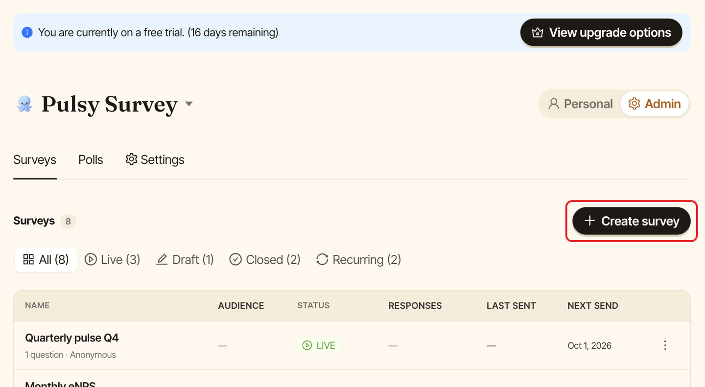 The Pulsy Surveys tab, with the Create survey button highlighted