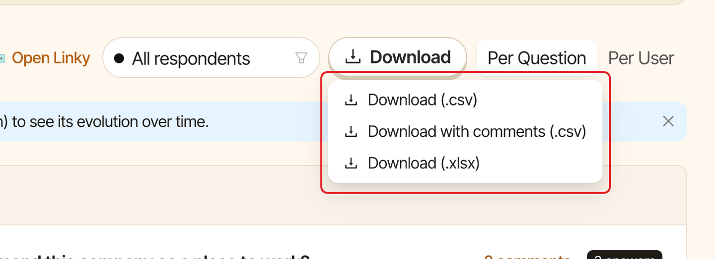 The Download menu open, with its three export options highlighted