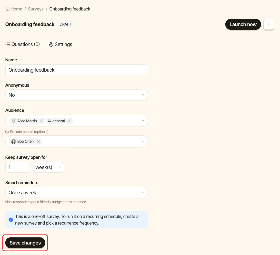 The Settings tab of a draft survey, with the Save changes button highlighted
