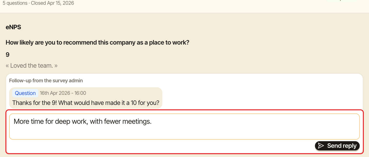 A past survey expanded in Personal mode, with the reply box under the follow-up question highlighted