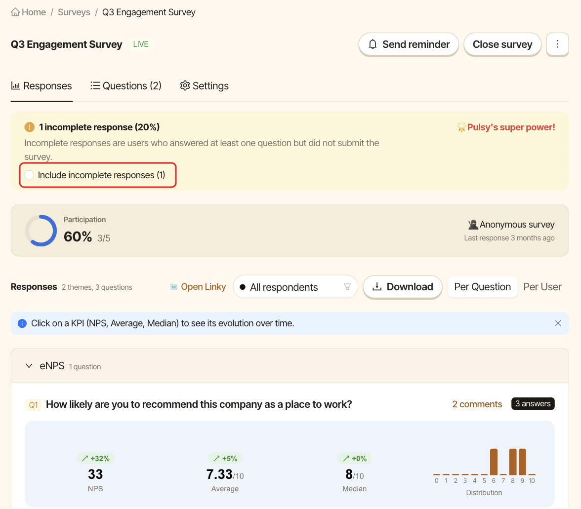 The Responses tab of a survey, with the Include incomplete responses checkbox highlighted