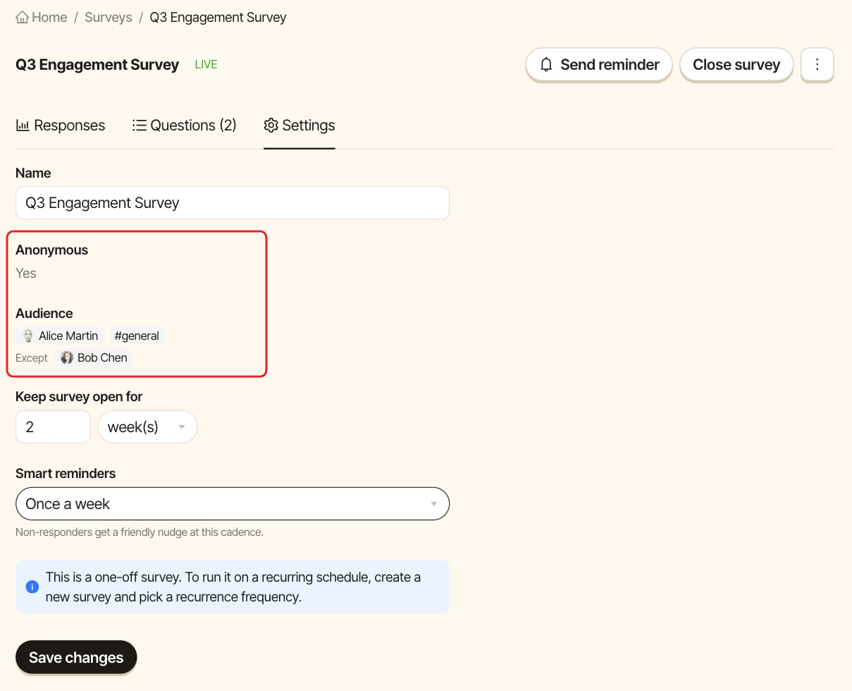 The Settings tab of a live survey, with the read-only Anonymous and Audience values highlighted