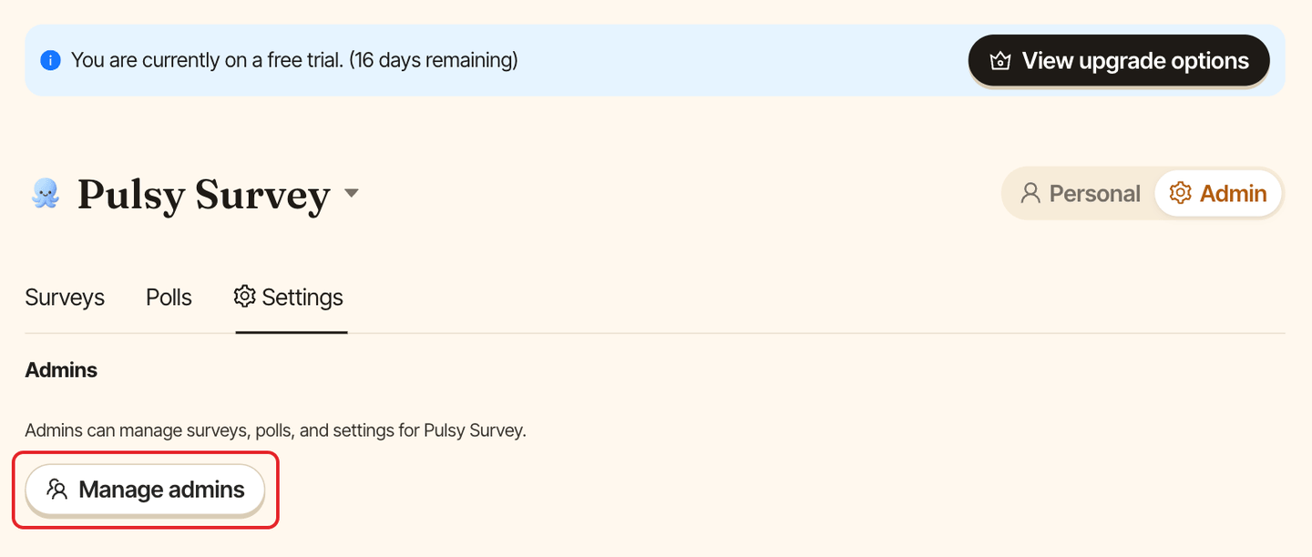 The Settings tab, with the Manage admins button highlighted
