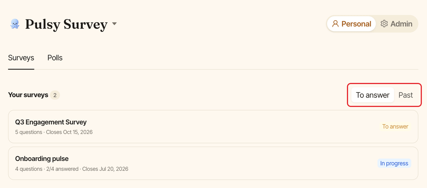 The Surveys tab in Personal mode, with the To answer and Past filter highlighted