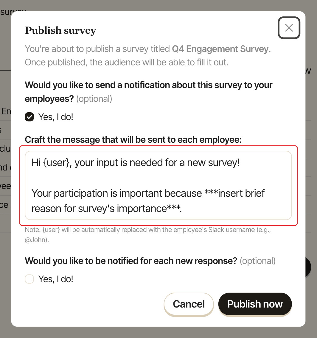 The Publish survey window, with the message sent to each employee highlighted
