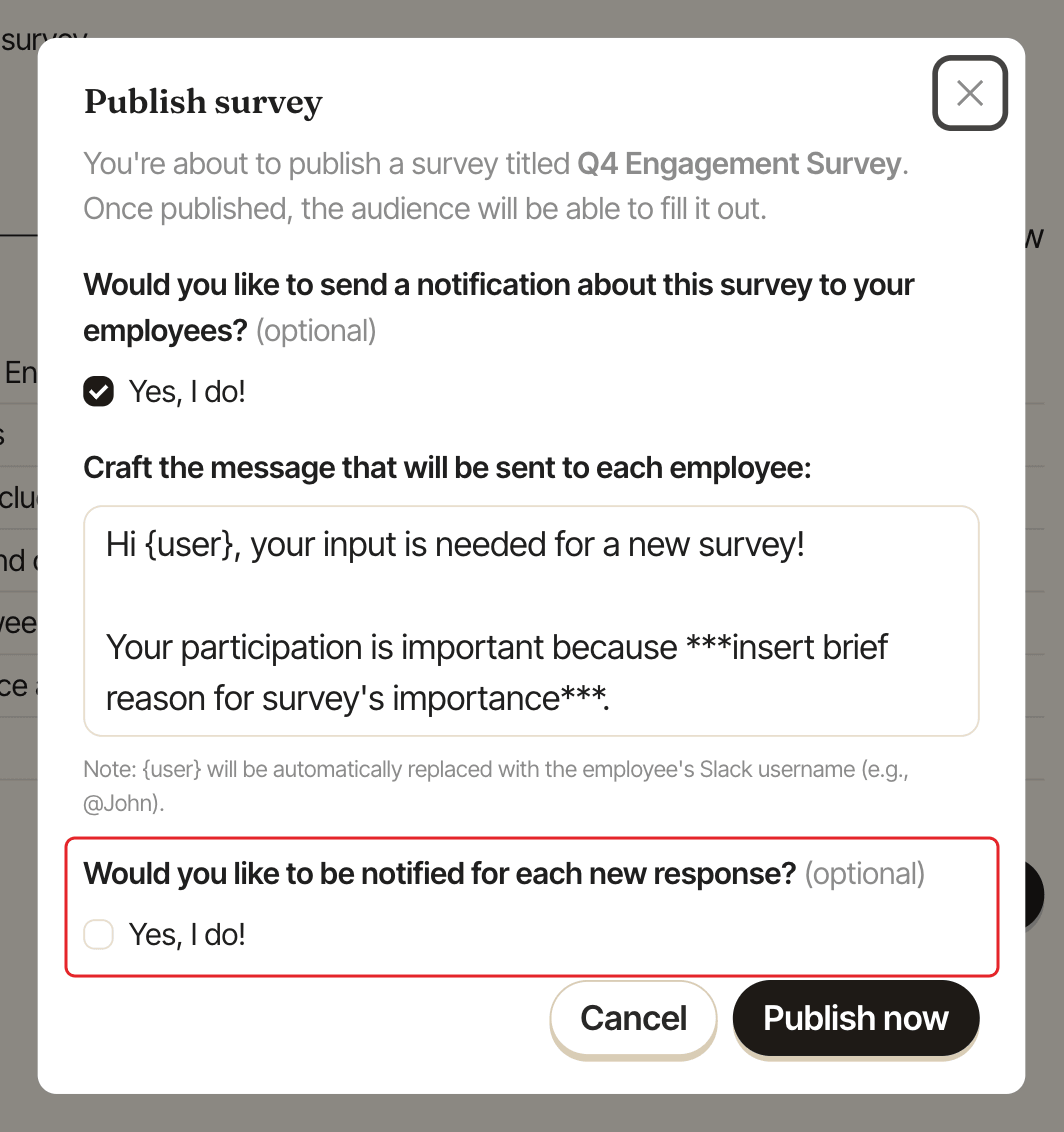 The Publish survey window, with the option to be notified for each new response highlighted