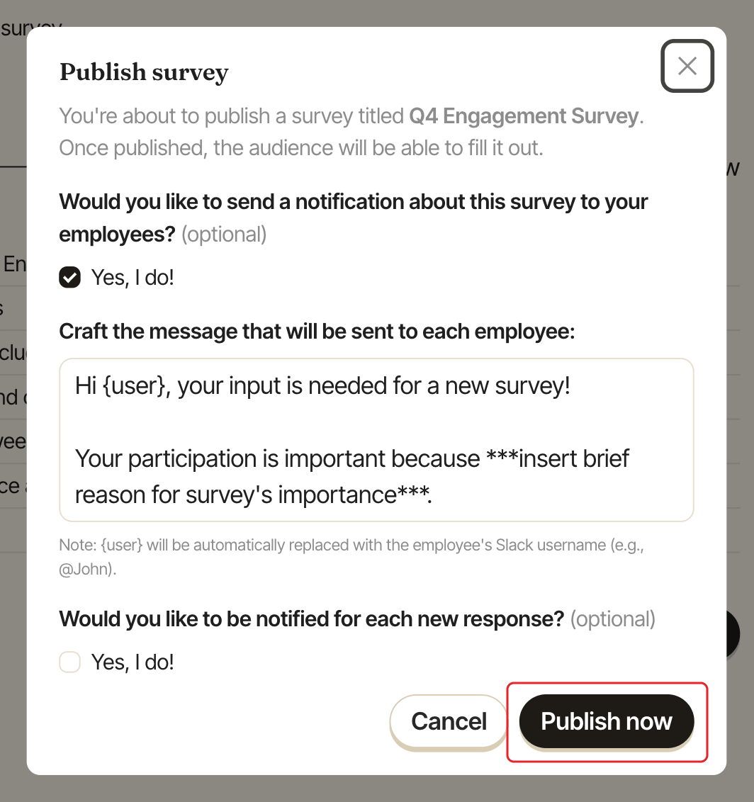 The Publish survey window, with the Publish now button highlighted