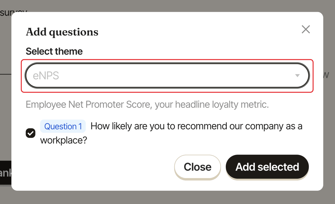 The Add questions window, with the Select theme dropdown highlighted