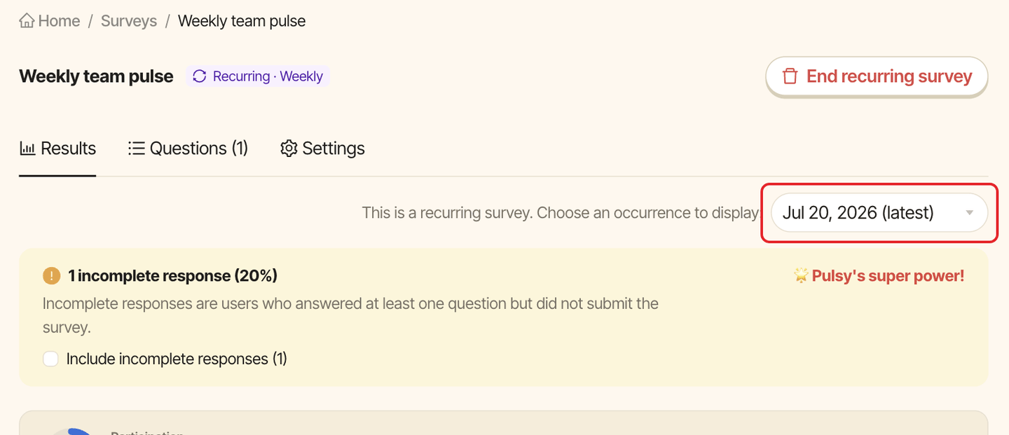 A recurring survey page, with the edition selector highlighted