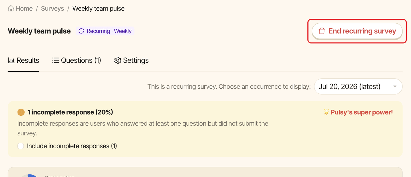 A recurring survey page, with the End recurring survey button highlighted