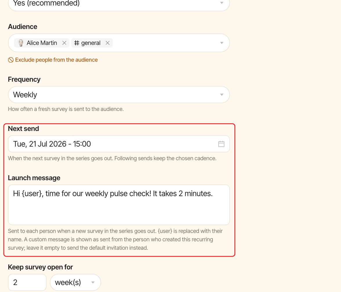 The Settings tab of a recurring survey, with the Next send and Launch message fields highlighted