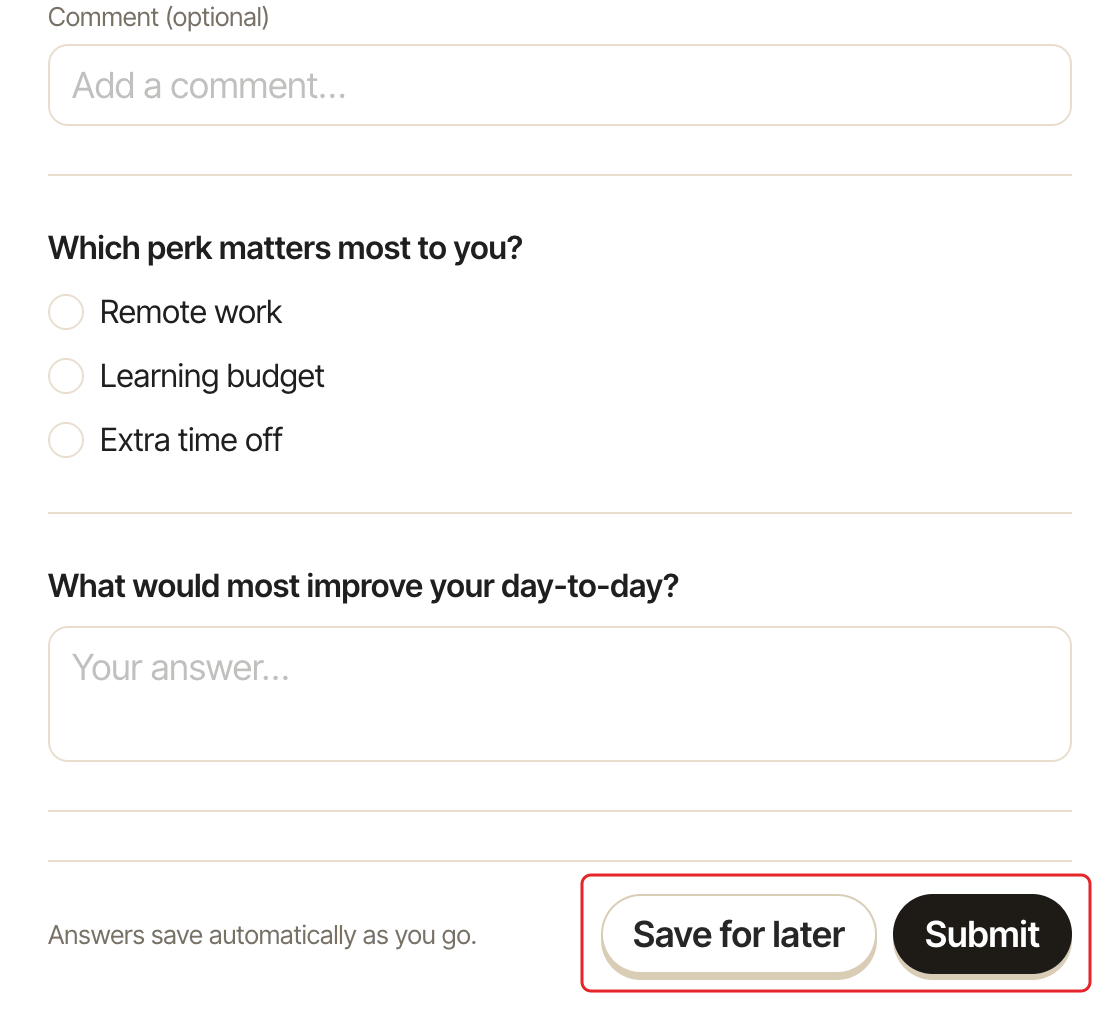 The survey panel in Personal mode, with the Save for later and Submit buttons highlighted